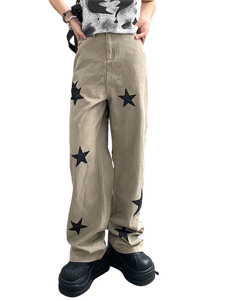 

Women Denim Pants Loose Black Star Print Wide Leg Jeans Trousers with Pockets Streetwear