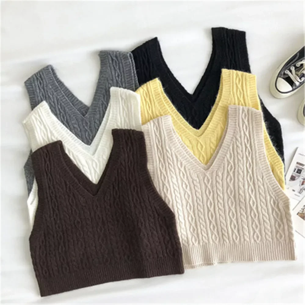 

Korean Style Women Sweater Vest Women Short Knitted Sweater Sleeveless Ladies V-Neck Pullover Crop Tops Female Tank Tops