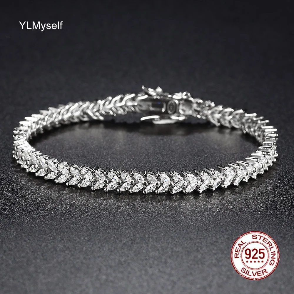 Solid Real 925 Silver Bracelet Pave Shiny 1.5*3 mm Horse eye Cubic Zircon 15-19 CM Length Elegant Fine Jewelry For Women