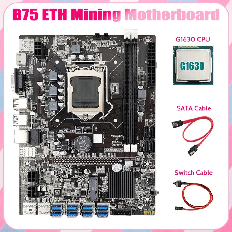 B75 USB ETH Mining Motherboard 8XPCIE USB Adapter+G1630 CPU+SATA Cable+Switch Cable LGA1155 B75 USB Miner Motherboard