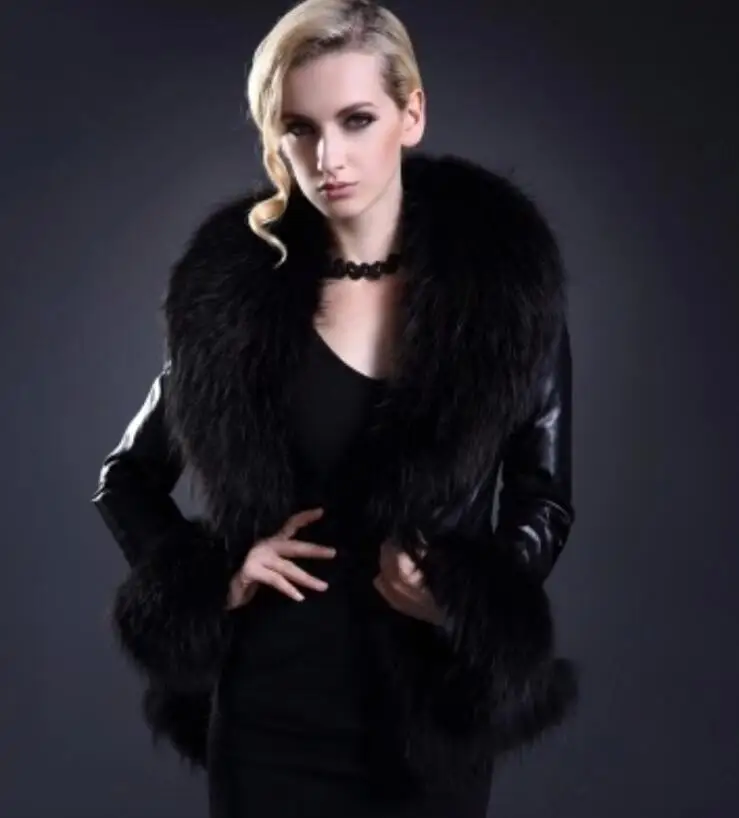 Indie Coat Jackets Red Black Raccoon Fur Collar Imitation Fur Pu Fur Short Slim Fit Coat Sheep Skin Leather Jacket Women 2023