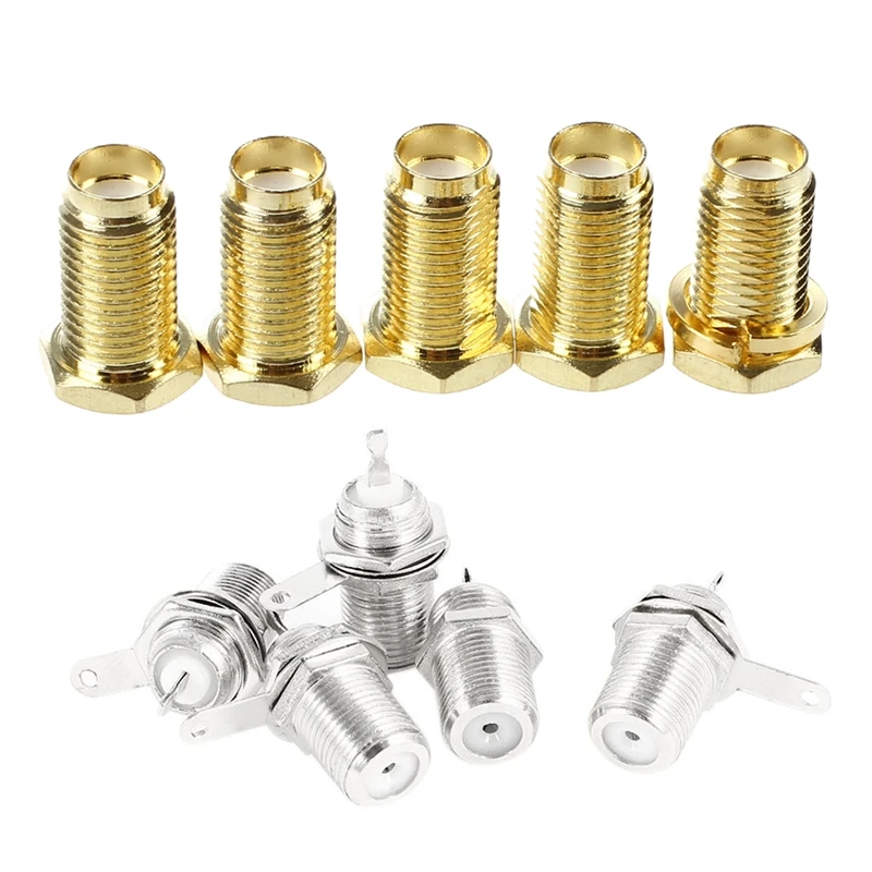 

5 Pcs F Type Panel Mounted Socket Female Jack Solder Connector Adapter & 5 Pcs SMA Female Nut Bulkhead Crimp Straight RF Coax Co
