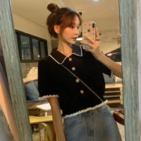 polo collar short sleeve t shirt womens korean style chic design black half sleeve high waist navel short top ins womens fashi