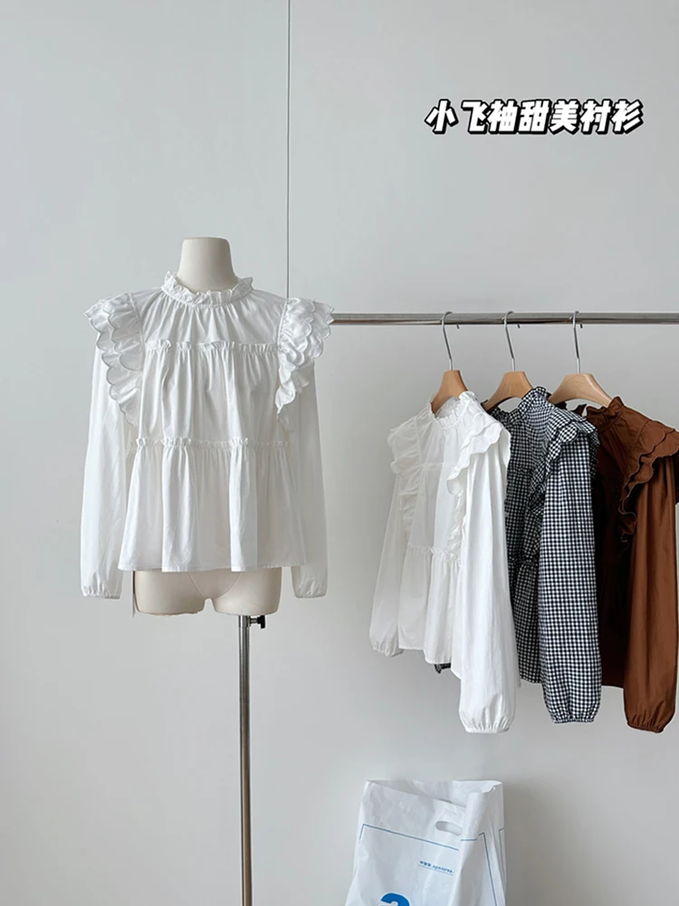 

French Ruffled Blouses Sweet Chic Thin Crop Top Office Lady Commute Simple Casual Shirts Flying Sleeve Exquisite Design Summer