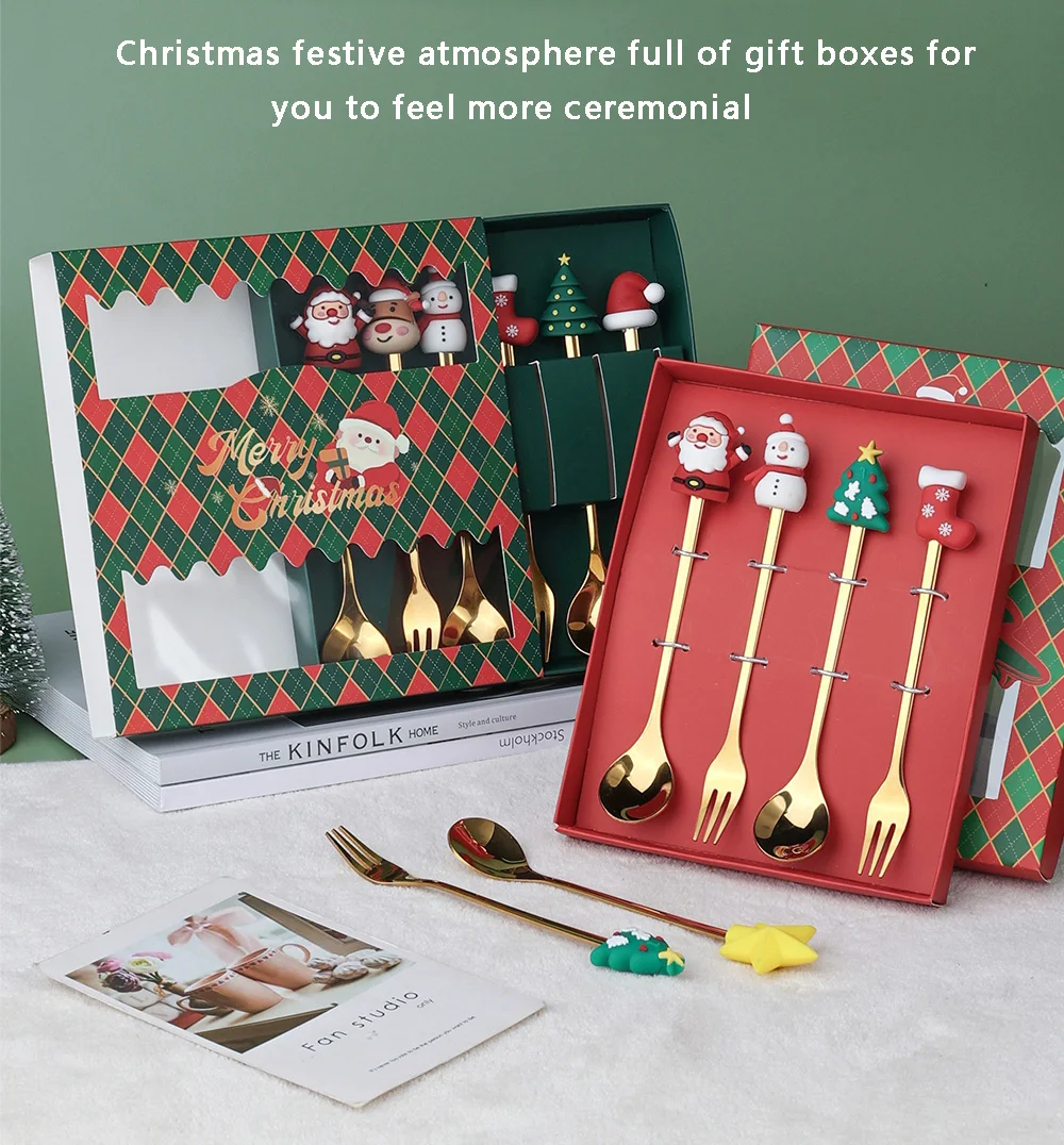 

2/4/6pcs Christmas Gift Gold Spoon Fork Set Elk Christmas Tree Decoration Dessert Scoop Fruit Fork Coffee Spoon Cutlery Set 2023
