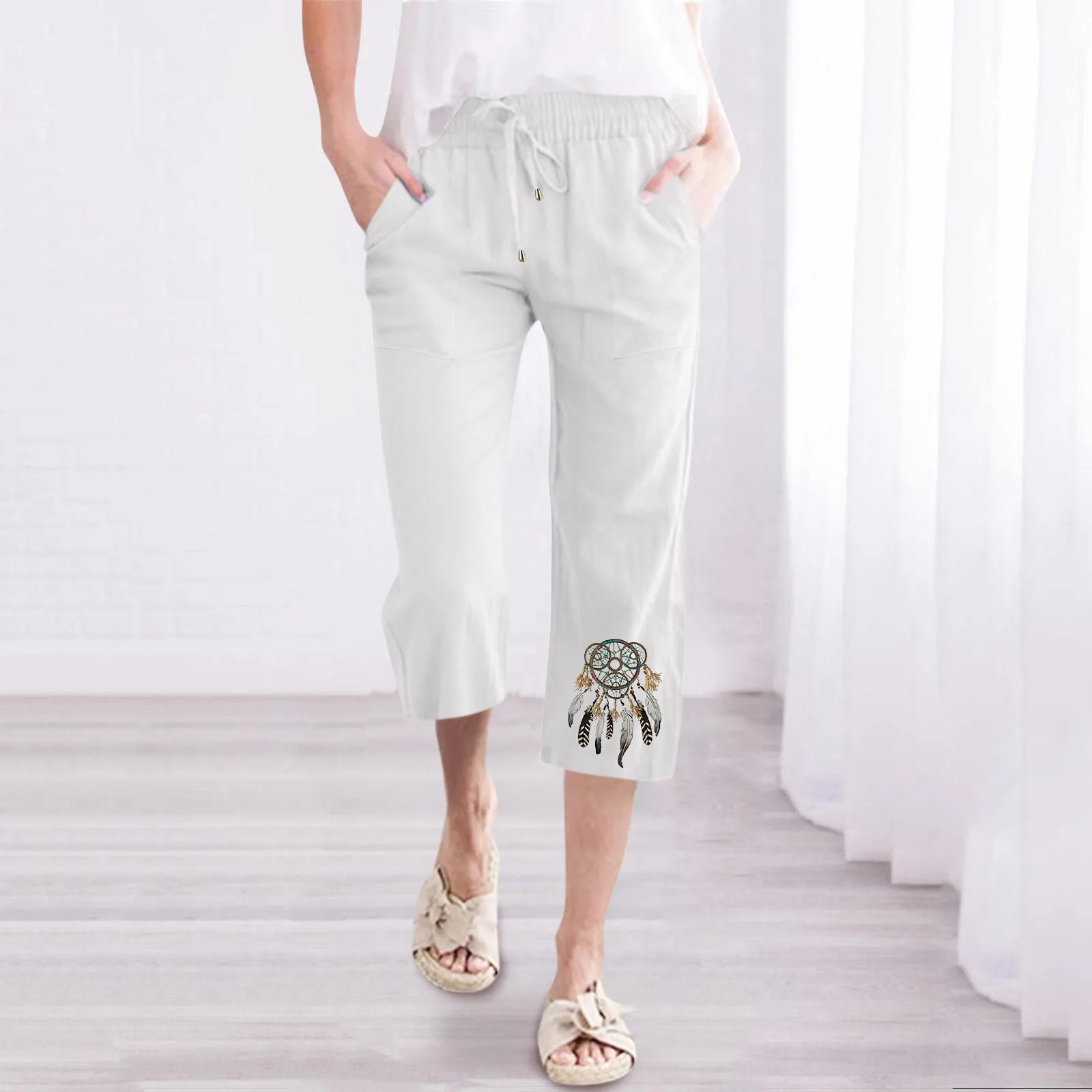

Womens Cotton Linen Pants Drawstring Elastic Waist Pants Casual Capris Cropped Trousers Daily Fashion Ethnic Pants Pantalones