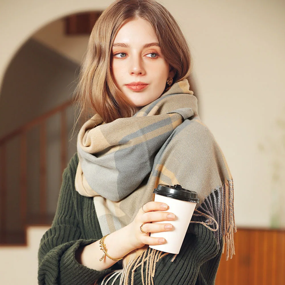 

Зимний женский шарф большого размера, теплый шейный платок в полоску и клетку, кашемировая шаль из искусственной шерсти, вязаный палантин