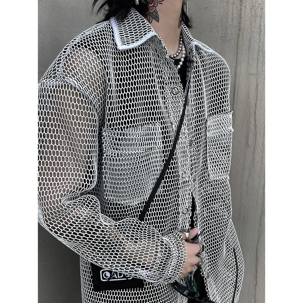 

Oversized Fish Net Style Button Up Shirt Top Long Sleeve Summer Fall Women Man Hip Hop Loose Plus Size harajuku street punk y2k