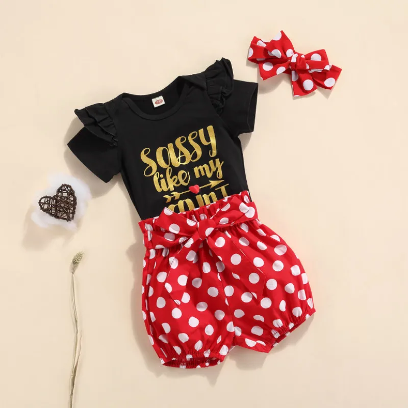 

Three Piece Baby Girl\u2019s Clothes Sweet Letter Short Sleeve Romper and Polka Dot Shorts with Headband Summer