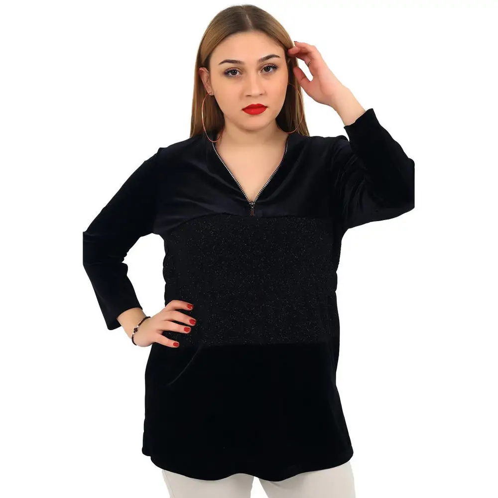 

Fierte Women Plus Size Blouse Lm43470 Zipper V Collar Velvet Fabric Kombin Long Sleeve Black Autumn Winter Elegant