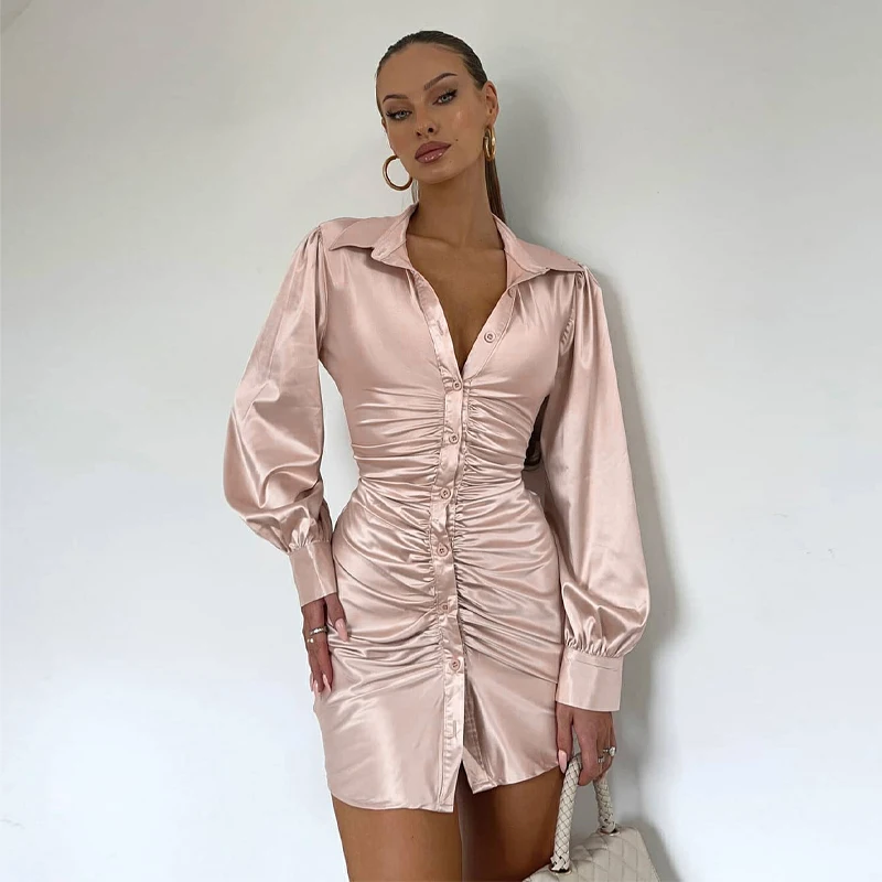 

Женское облегающее платье-рубашка с длинным рукавом, модное однотонное короткое платье с открытой спиной и пуговицами в складку, весна-осен...