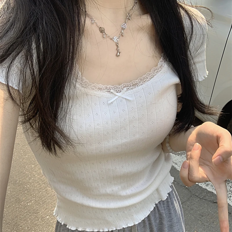Женская кружевная футболка с коротким рукавом и квадратным вырезом