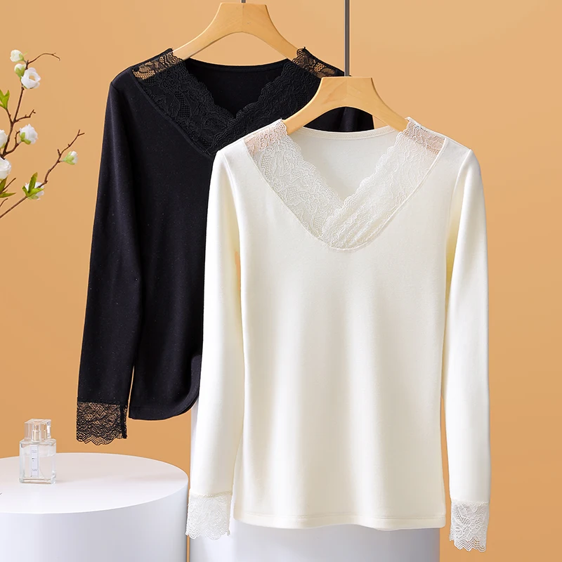 Plus Velvet Thermal Women Underwear Plush Thickened Lace base Coat woman Top Seamless Long Sleeve Warm In Winter