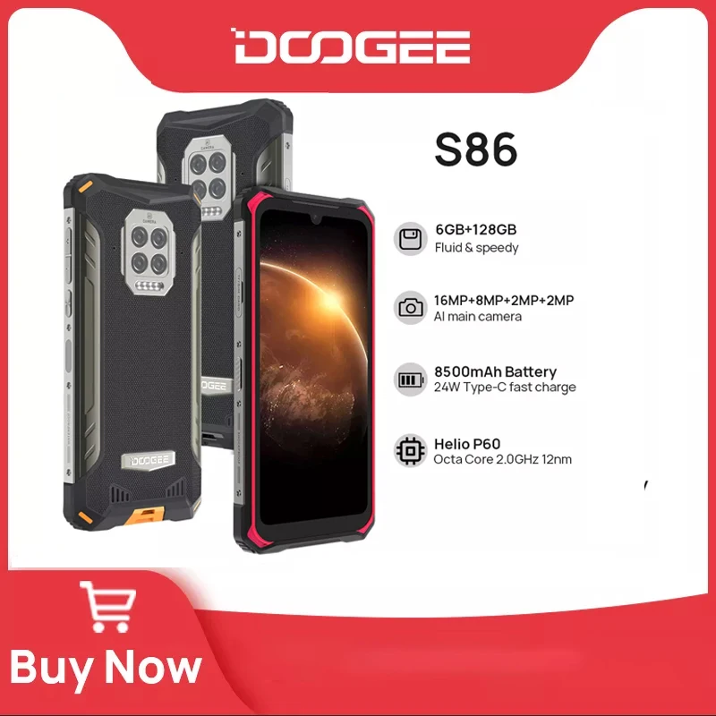 

DOOGEE S86 Rugged Phone 6.1'' NFC IP68/IP69K Waterproof Helio P60 Octa Core 6GB+128GB 8500mAh Large Battery Phone