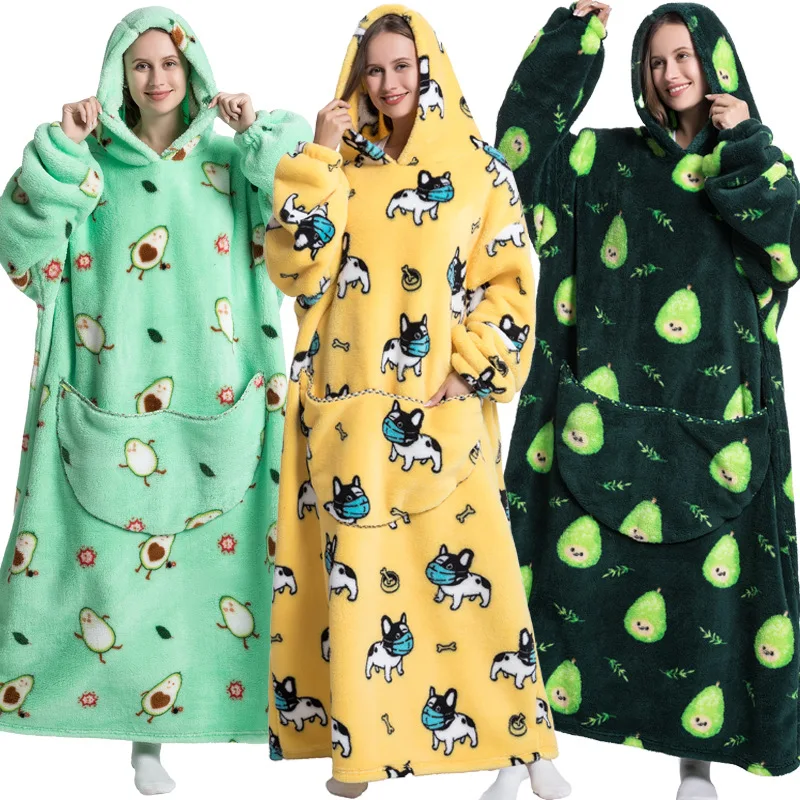 

Super Long Oversized Winter Sherpa Blanket Plush Flannel Warm Family Matching Hoodie Halloween Homewear Avocado Women Sweatshirt