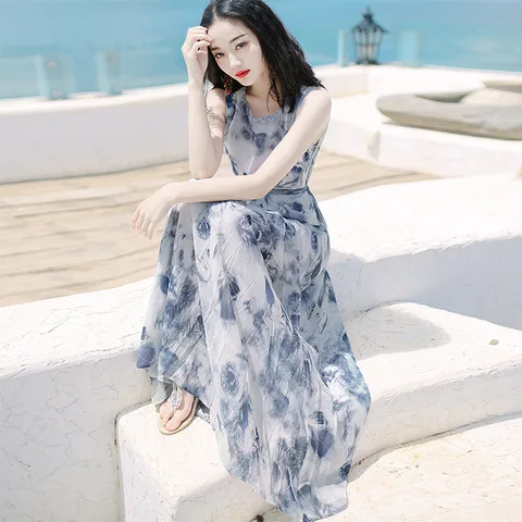 Новинка 23, элегантное модное женское летнее платье в Корейском стиле, винтажные длинные платья-трапеции без рукавов, милый женский сарафан, женская одежда