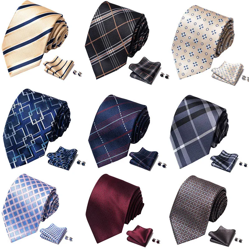 

3pcs Sets Palid Solid Striped Polyester 8cm Tie Set for Men Handkerchief Cufflink Necktie Cravate Man Gift Wholesale
