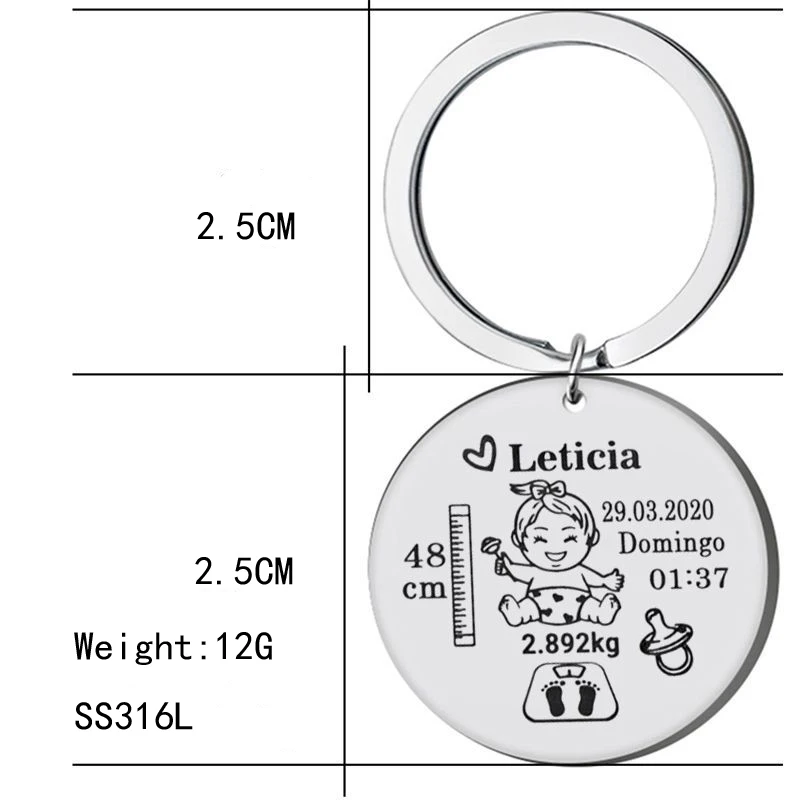 Lovely Personalized Engraved Stainless Steel Keychain Name Birth Weight Height For Newborn Baby Information Keyring Gift