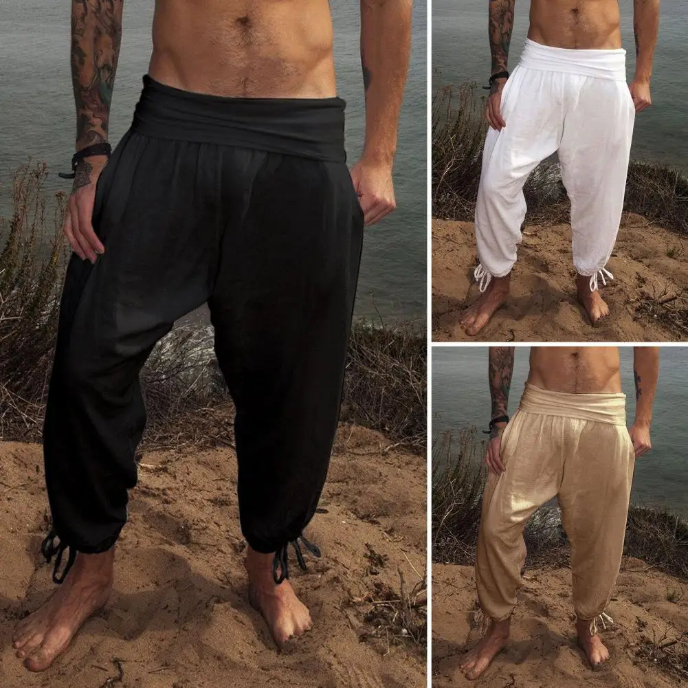 

Men Casual Pants Vintage Solid Color Men's Pants with Wide Waistband Ankle-banded Design Breathable Soft Casual for Beach