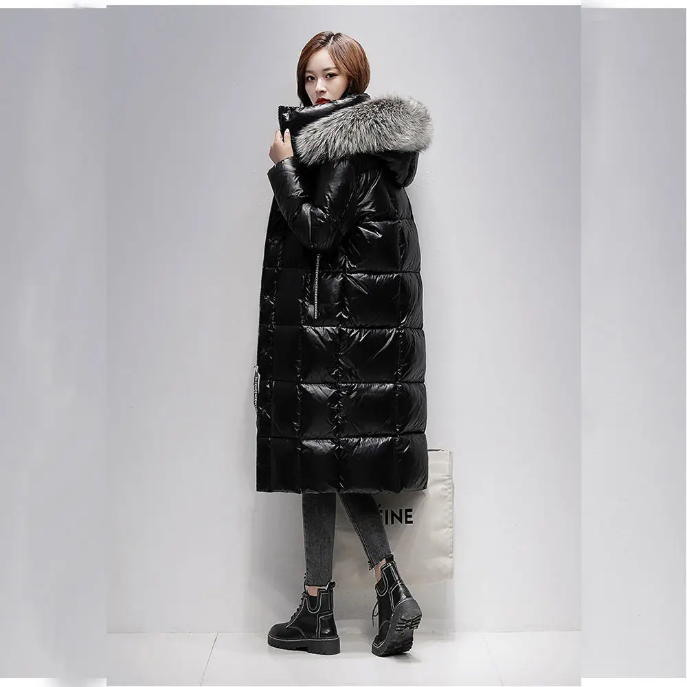 New Korean version of thick coat knee-high fur collar bright black cotton-padded jacket coat