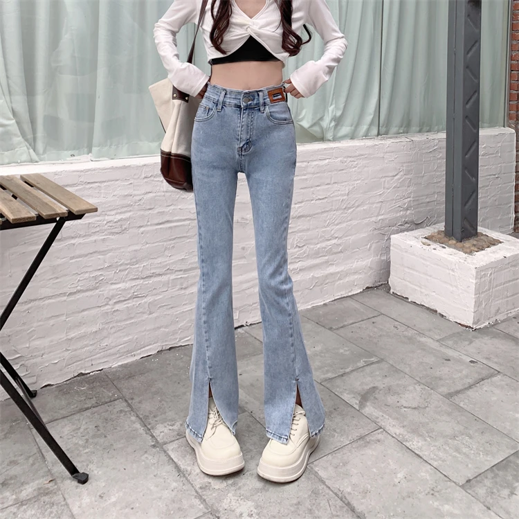 

DD1639 women's new high waist slim jeans loose all match split jeans