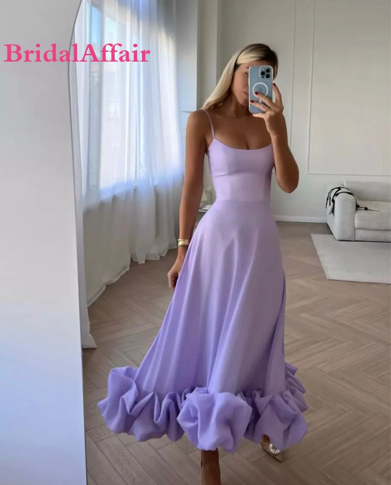 BridalAffair Spaghetti Straps Stretch Lavender Prom Dresses Ruffles Hem Ankle Length Women Party Evening Gowns Robe de soiree
