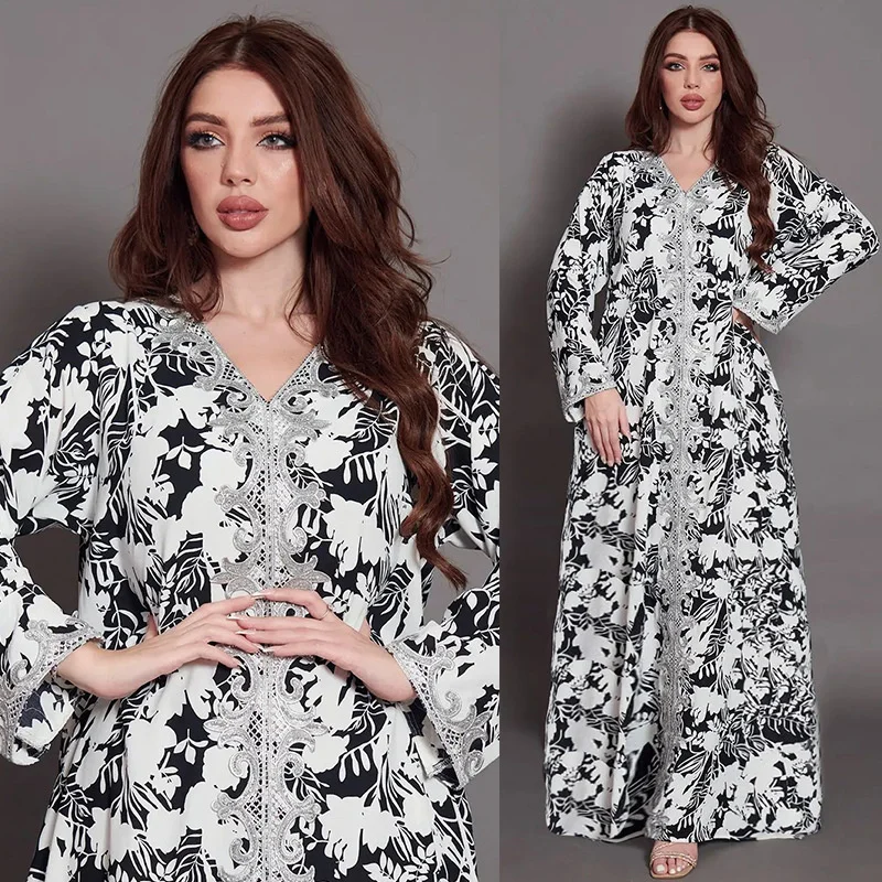 

Кафтан Арабский Дубай Abaya для женщин женское платье черный белый Принт Мозаика Кружева Большой Подол платье Турецкий марокканский кафтан д...