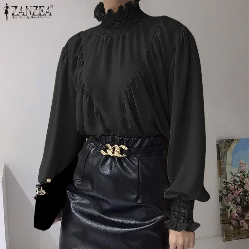 

Модная блузка ZANZEA с высоким воротником, женские весенние Рубашки с длинным рукавом, повседневные однотонные топы, элегантные праздничные Б...