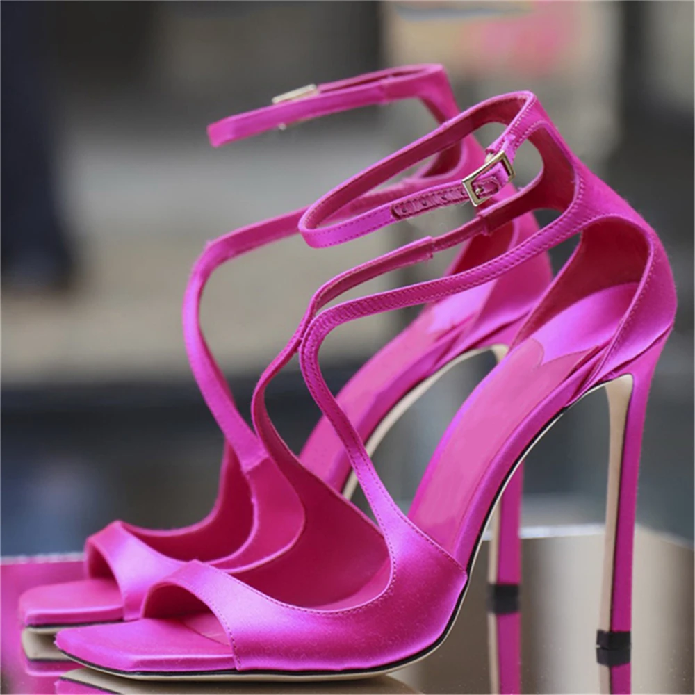 Women Square Toe Cross Strap Sandals Satin Thin High Heel Sandals Ladies Peep Toe Belt Buckle Women Candy Color High Heels
