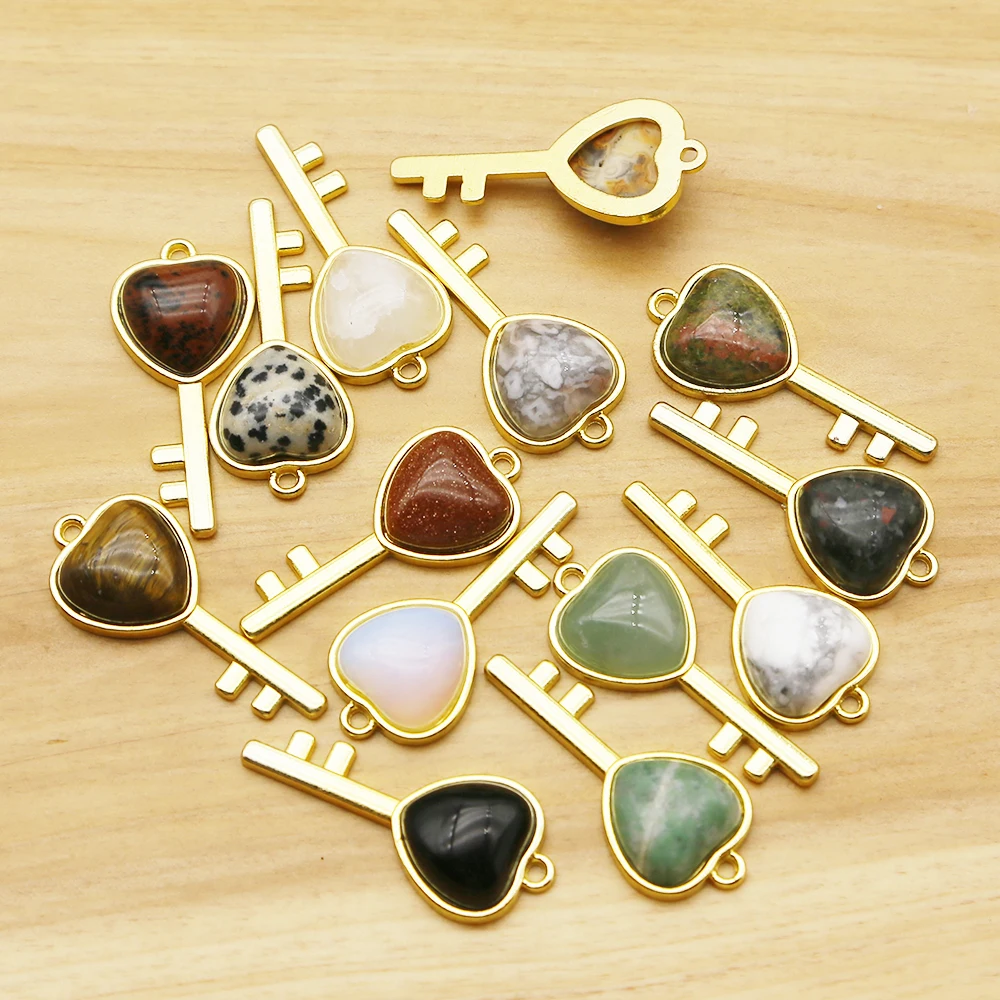 Free Shipping Natural Crystal Agate Love Gold Key Pendant Necklace DIY Charm Fashion Jewelry Accessories Wholesale 10Pcs Random