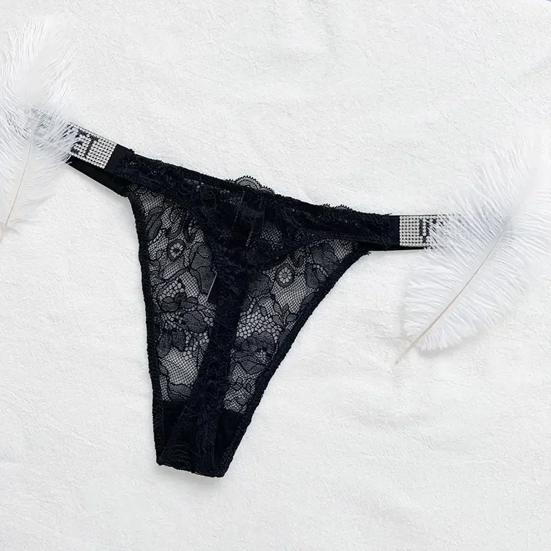 VS-Calcinha de Renda Cintura Baixa Feminina Sutiã Strass Thong Roupa Interior Conforto Letras Sexy Marca