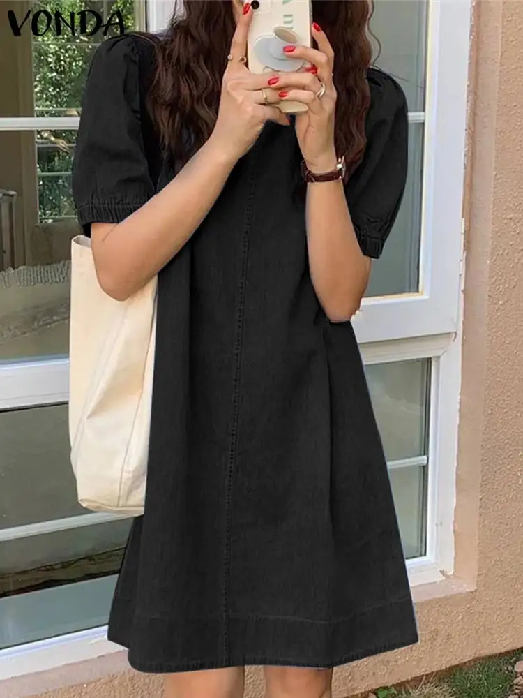 

VONDA 2022 Stylish Femme Casual Short Sleeve Robe Holiday Sundress Street A-line Dress Women O-Neck Denim Short Vestido Oversize