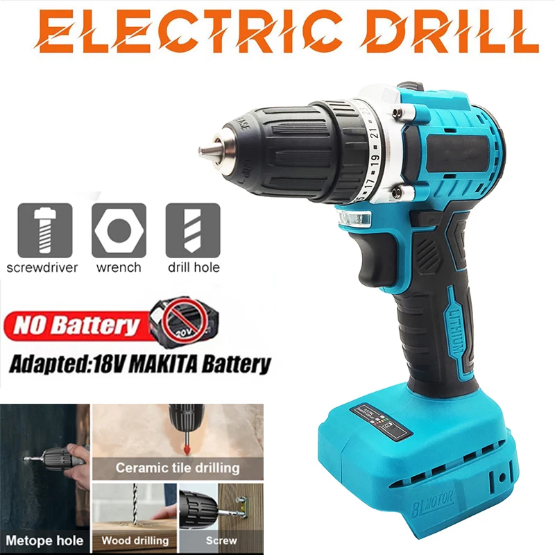 

10 мм Беспроводная бесщеточная дрель, электрическая ручная дрель, отвертка, 2 скорости, 23 положения крутящего момента, подходит для батареи Makita 18 в (без батареи)