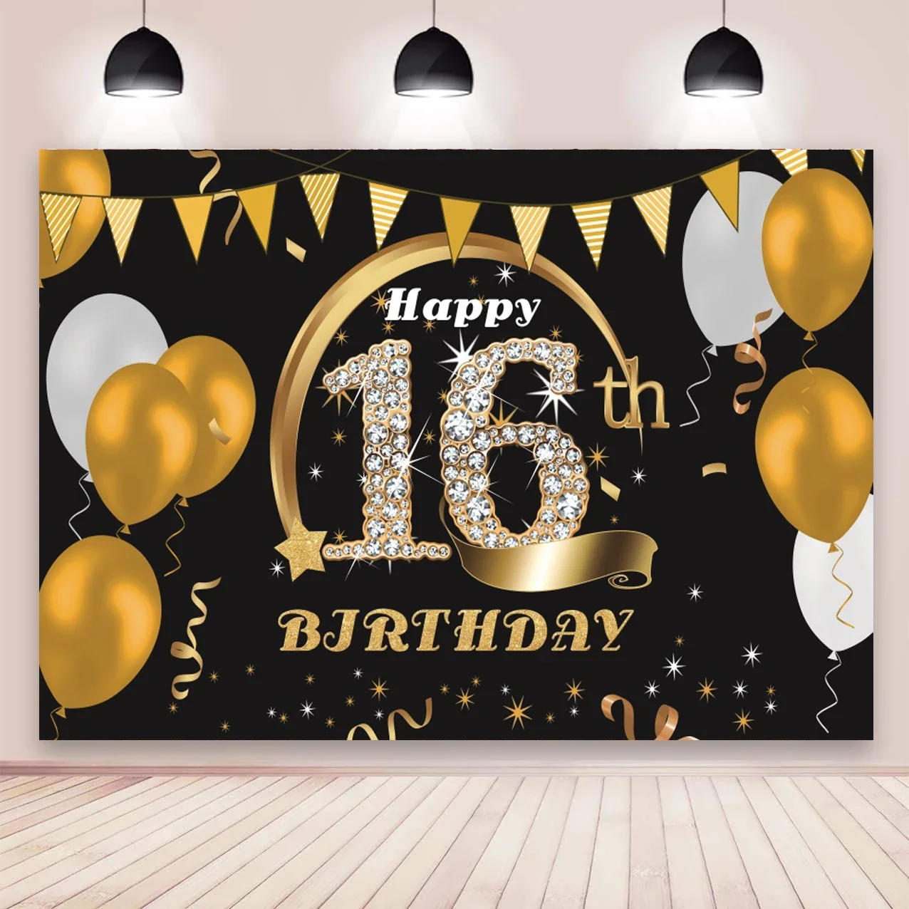 Black Gold 16th Backdrop Balloons Boys Girls 16 Years Old Birthday Party Customized Photo Background Cake Table Decor