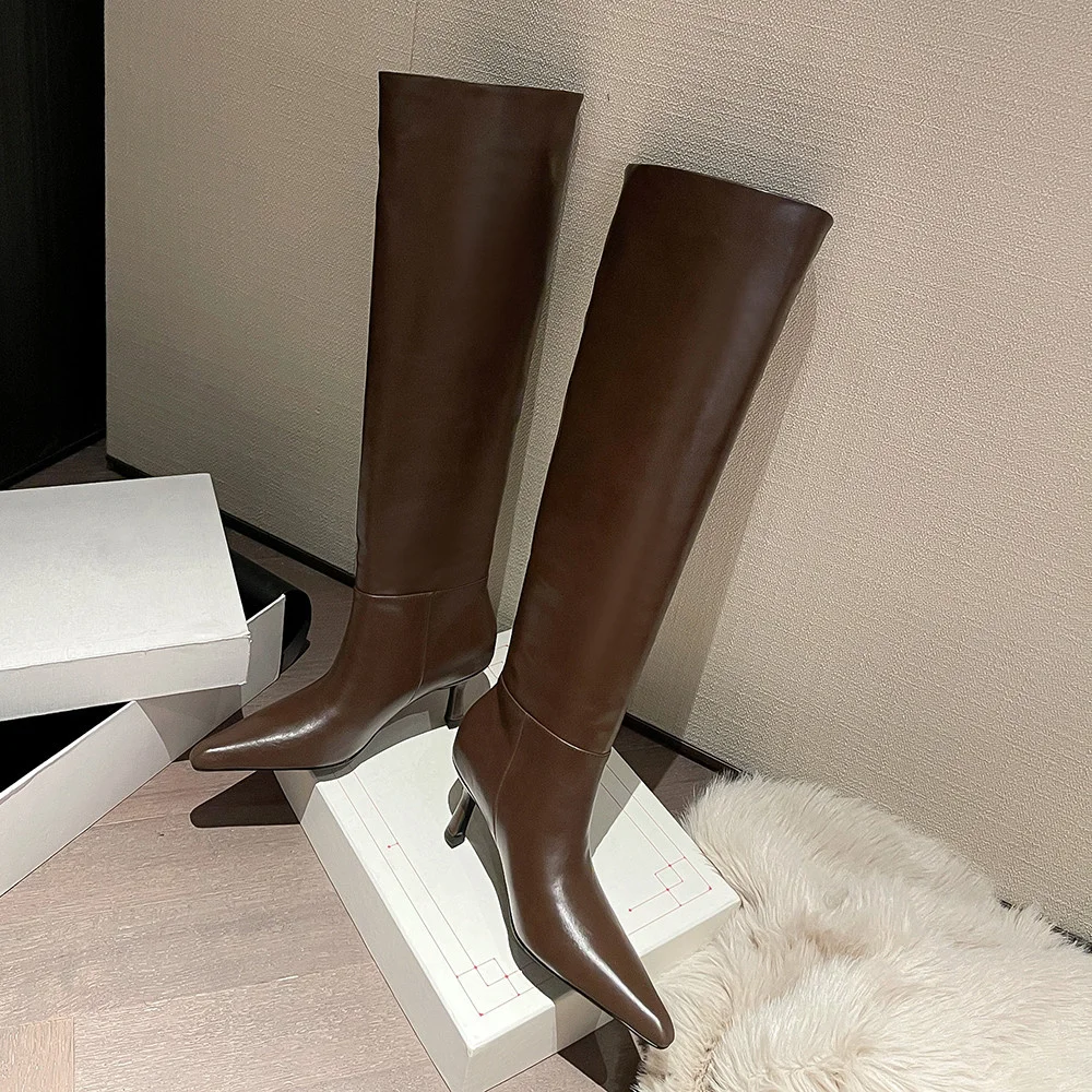 Aucegi эластичные качественные кожаные сапоги выше колена на тонком каблуке