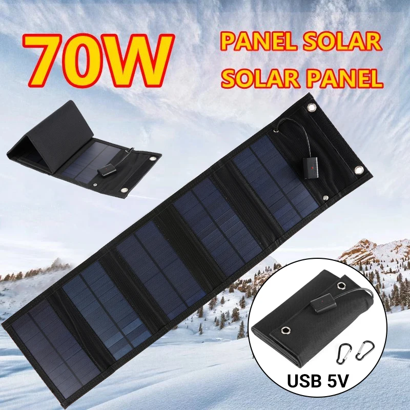 70W Foldable USB 5V Solar Panel Power Bank Portable Waterproof Solar Panel Charger Outdoor Mobile Phone Power for Camping Hiking