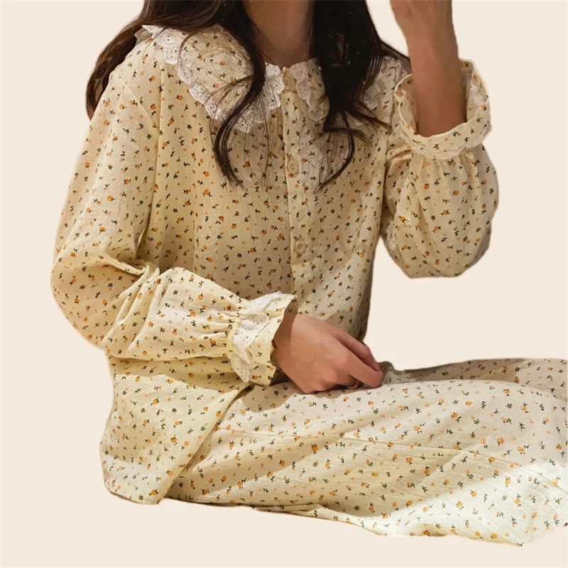 Cotton Pajamas Set Full Sleeve T-shirt Long Pants 2Piece/Set Autumn Sexy Lace Flower Print Pyjama Big Size Mom Homewear Cozy PJS
