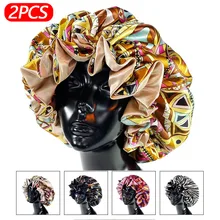 2Pcs/Set Women Satin Bonnet Cap Double Layer Silky Big Bonnet For Lady Printing Sleep Cap Head Wrap Printing Bath Cap