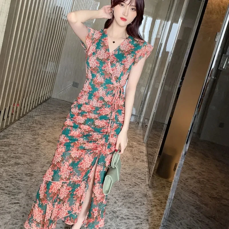 

Женское винтажное платье-Русалка с V-образным вырезом и оборками на рукавах