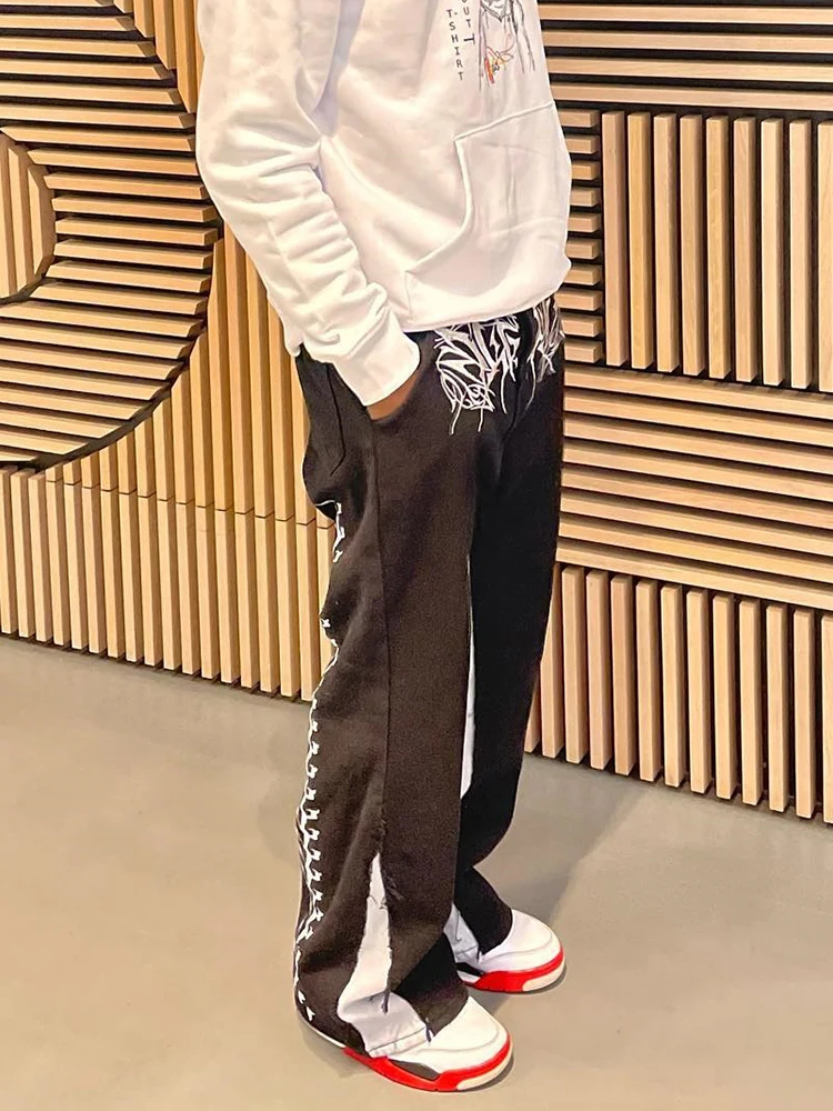 Men's Pants Punk Fashion Printed Loose Pantalones Hombre Patchwork Trousers Mid Waist Black Spliced Strap Straight Baggy Jeans
