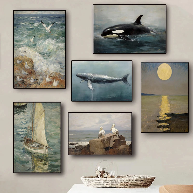 Винтажный плакат с изображением пляжа морского берега остроконечного заката