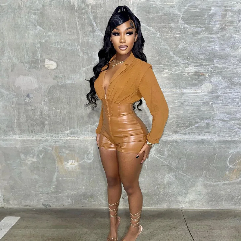 

Ladies Chiffon Stitched Leather Jumpsuit Shorts 2021 Fall V-Neck Shirt Lapel Ruched Tight PU Leather Jumpsuit Fashion Streetwear