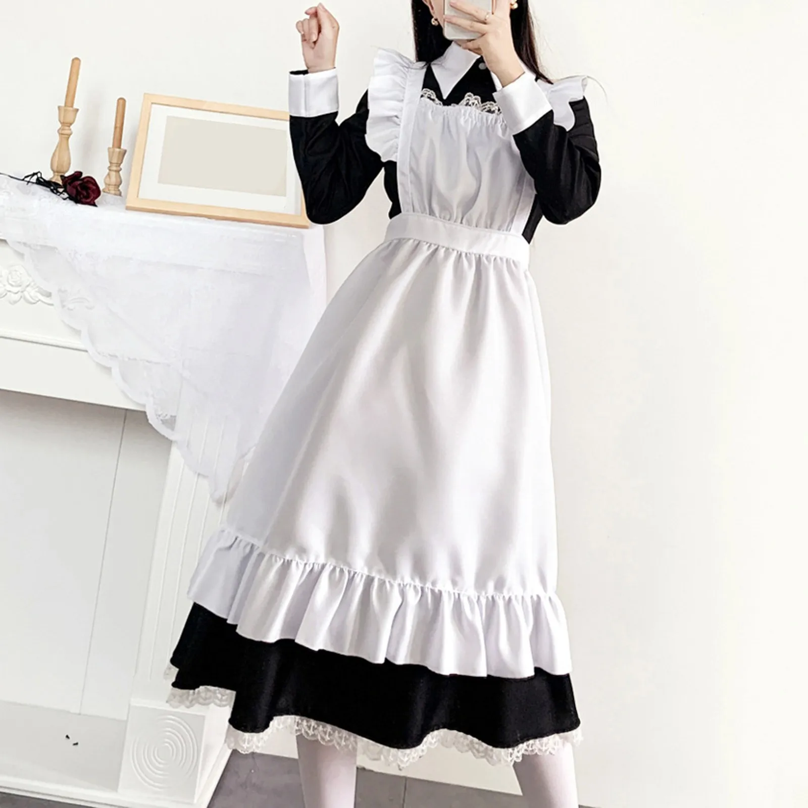 

Women Maid Outfit Long Dress Apron Maid Cosplay Lolita Dresses Unisex Cafe Costume Halloween Clothes Vestidos