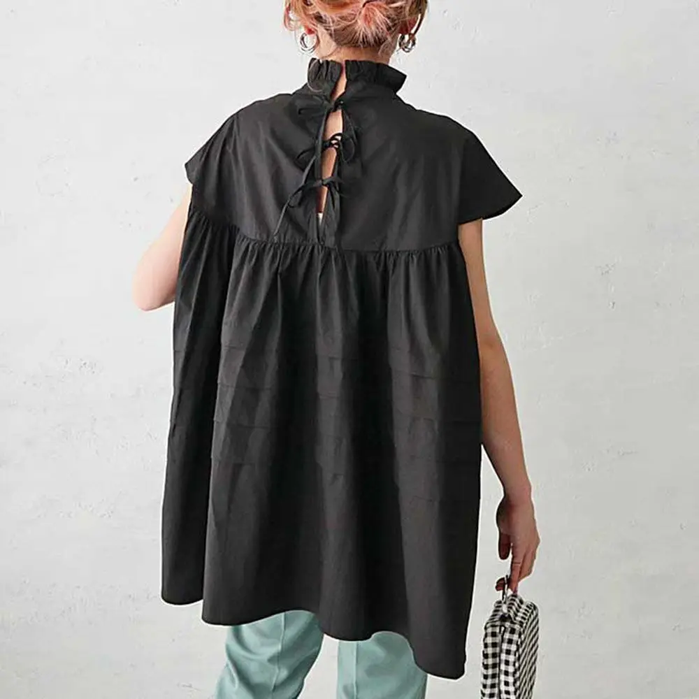 

Women Fashion Blouse 2022 New Korea Style Short Sleeve Pleated Patchwork Round Neck Pullover Leisure Lady Blouse For Summer