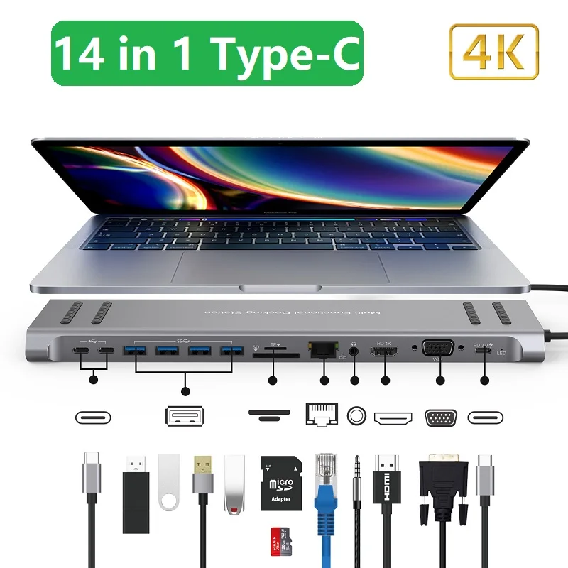 

Док-станция 14 в 1 с портом USB Type-c, HDMI, VGA