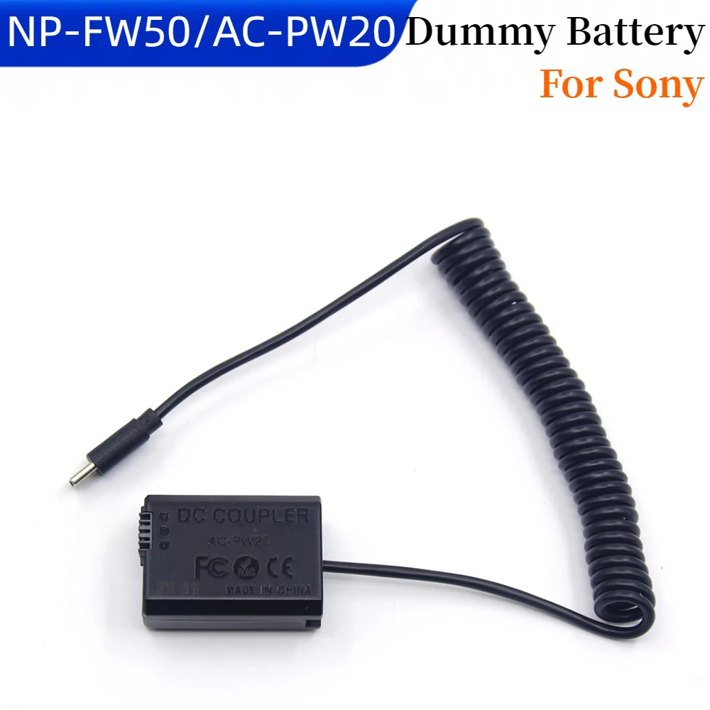 

NP FW50 Dummy Battery Spring Cable USB C to DC Coupler AC-PW20 for Sony ZV-E10 A7II A7S2 A7R A7RII A6000 A6300 A7000 A6500 A3500
