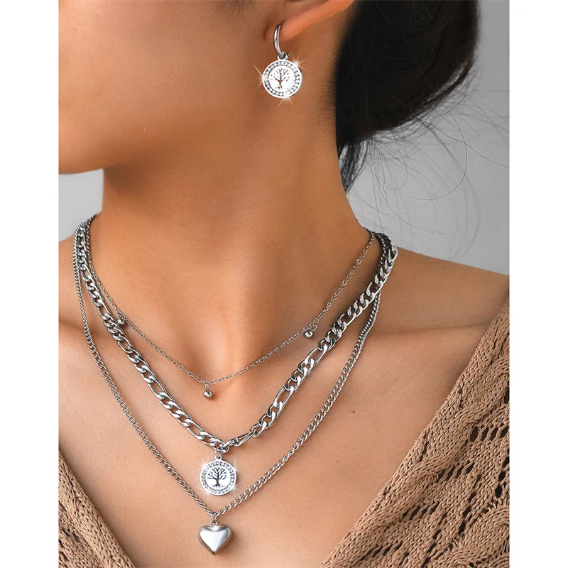 316L Stainless Steel Multi-layer Chain Love Tree Of Life Pendant Necklace Earring Women's Jewelry Set