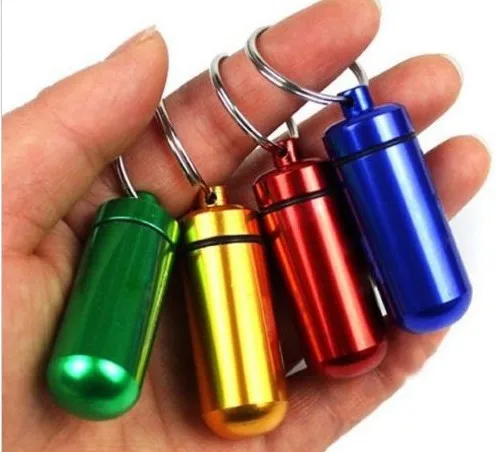 

Small metal container aluminum pillbox Storage holder keychain medicine packing store pills or small items Refillable Bottle