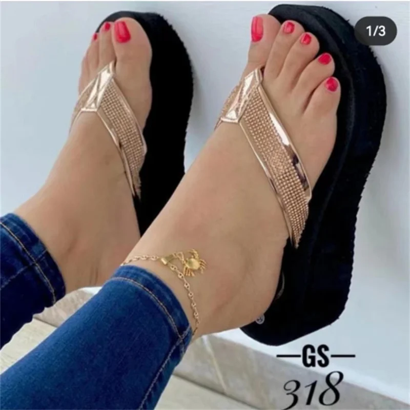 2023 Women's Slippers New Large Size Clip Toe Platform Slides Rhinestone Flip-flops Wedge Heel Beach Shoes Ladies High Heels