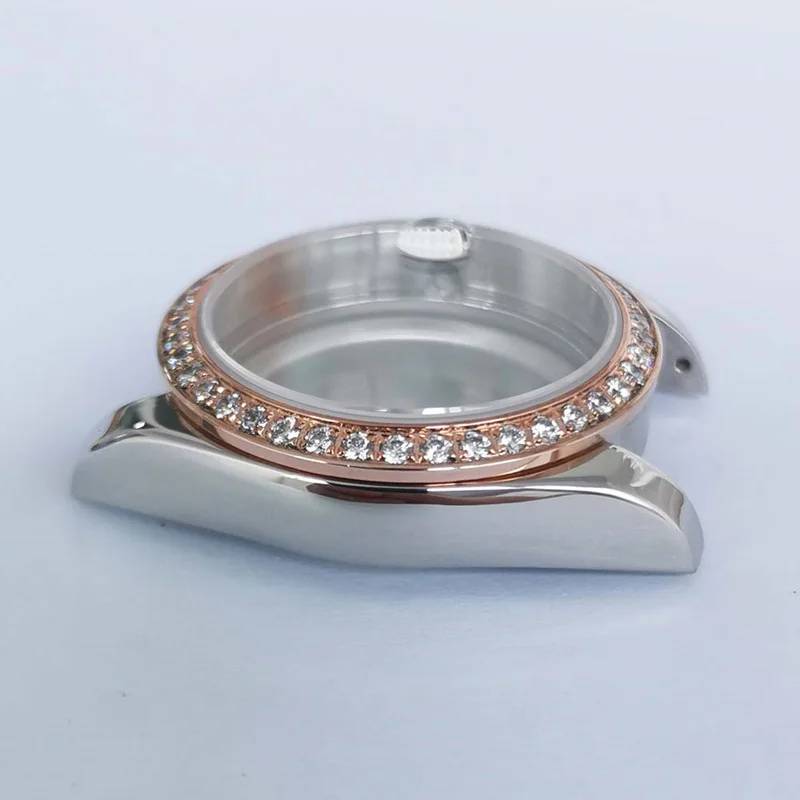 Transparent back cover 36mm Sapphire Crystal Stainless Steel Two Tone Watch Case Diamond Bezel Fits For 20MM Strap